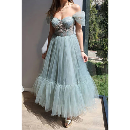 Unique Off Shoulder Appliques Vintage Prom Dress Formal Gown