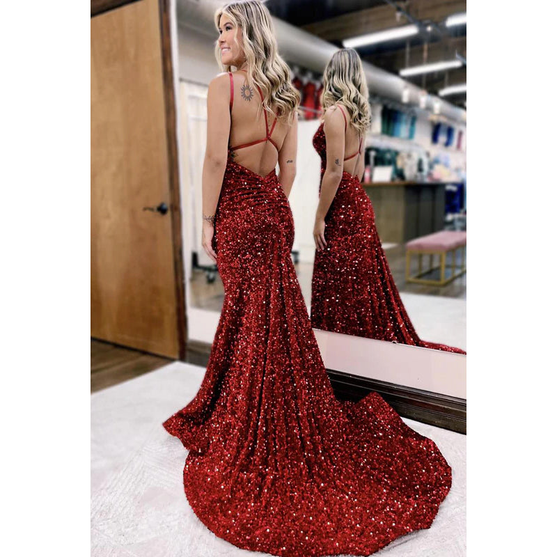 Sexy & Hot Straps Sequins V-neck Backless Mermaid Party Prom Dress