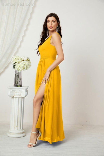 Numbersea Chiffon V-Neck Bridesmaid Dress Spaghetti Strap Long Formal Party Prom Gowns with Slit 28010-numbersea