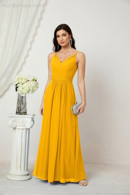 Numbersea Chiffon V-Neck Bridesmaid Dress Spaghetti Strap Long Formal Party Prom Gowns with Slit 28010-numbersea