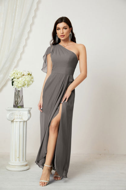 Numbersea Chiffon Ruffled One Shoulder Long Bridesmaid Dresses A-line Formal Evening Gown Side Split 2809-numbersea