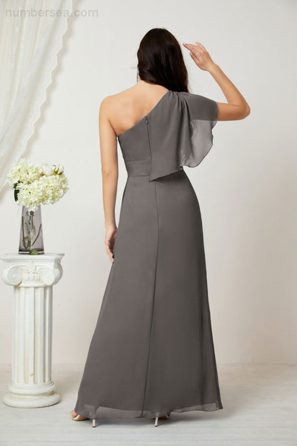 Numbersea Chiffon Ruffled One Shoulder Long Bridesmaid Dresses A-line Formal Evening Gown Side Split 2809-numbersea