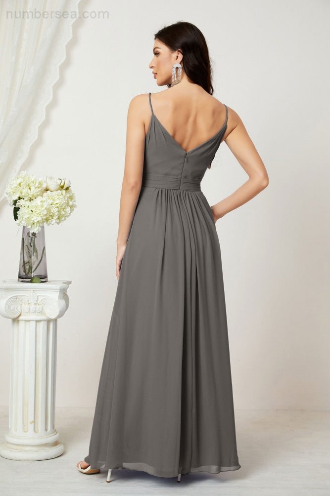 Numbersea Chiffon V-Neck Bridesmaid Dress Spaghetti Strap Long Formal Party Prom Gowns with Slit 28010-numbersea