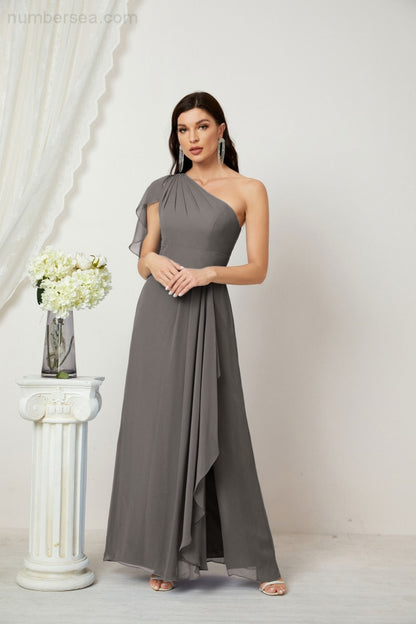 Numbersea Chiffon Ruffled One Shoulder Long Bridesmaid Dresses A-line Formal Evening Gown Side Split 2809-numbersea