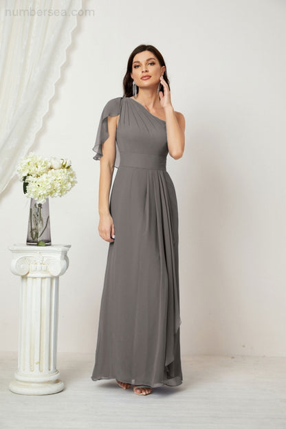 Numbersea Chiffon Ruffled One Shoulder Long Bridesmaid Dresses A-line Formal Evening Gown Side Split 2809-numbersea