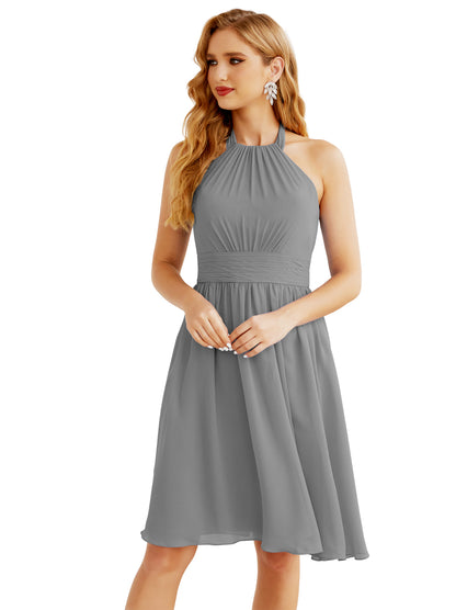 Numbersea Halter Chiffon Bridesmaid Dresses Short Sleeveless Formal Party Dress Open Back 28023