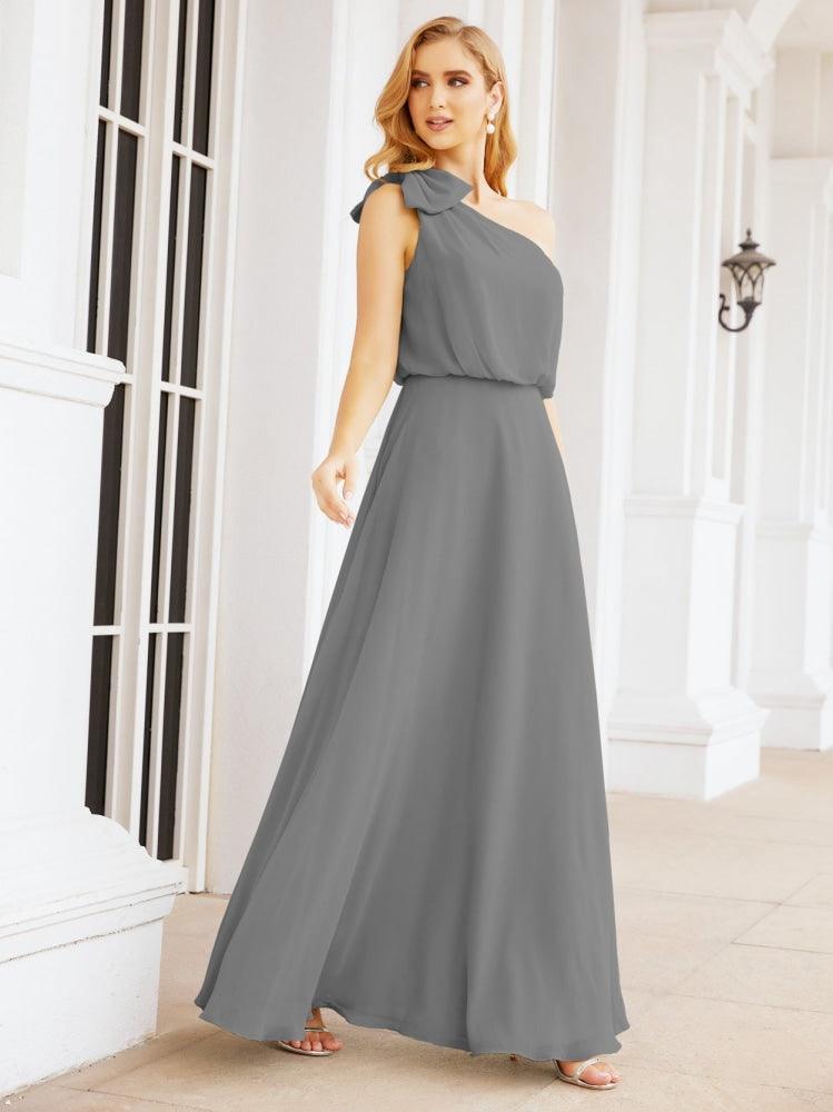 Numbersea Chiffon Ruffled One Shoulder Sleeveless Long Bride Dresses A-line Formal Evening Gown Side Split 28057-numbersea