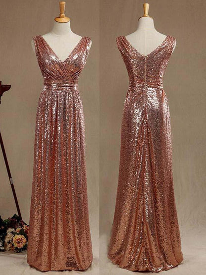 NumberSea - Numbersea Sheath Column Rose Gold Sequin Bridesmaid Dress Sheath Column V - neck Evening dress