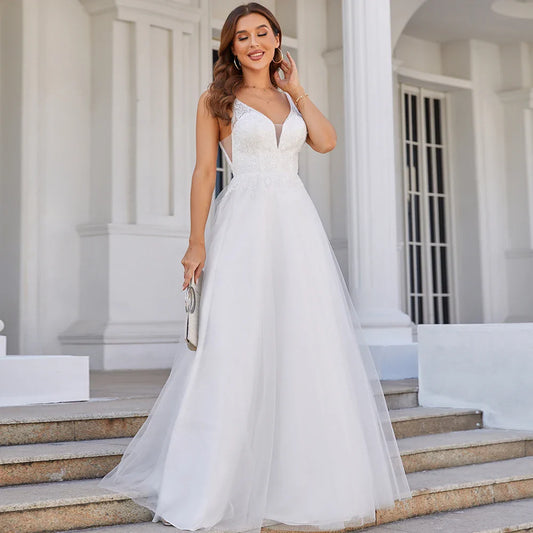 Wedding Dress Deep V Neck Sleeveless Appliques Soft Tulle A Line Bridal Dresses