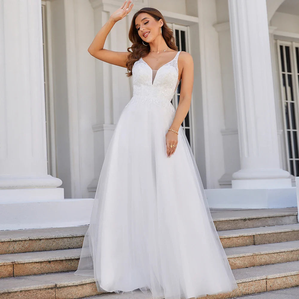 Wedding Dress Deep V Neck Sleeveless Appliques Soft Tulle A Line Bridal Dresses