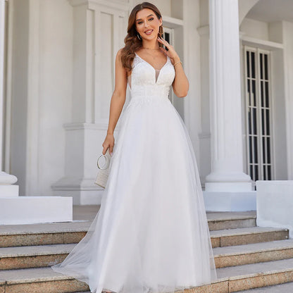 Wedding Dress Deep V Neck Sleeveless Appliques Soft Tulle A Line Bridal Dresses