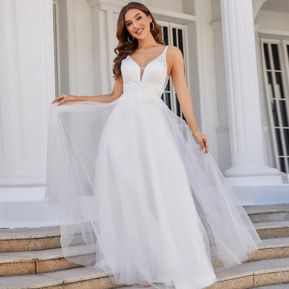 Wedding Dress Deep V Neck Sleeveless Appliques Soft Tulle A Line Bridal Dresses