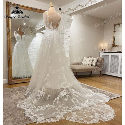 NumberSea - 2022 Robe Mariage A Line Tank Wedding Dress Deep V Neck Lace Floral Appliqued Bridal Gown Wedding Gown Vestidos de Noiva Elegant