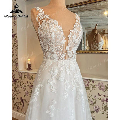 NumberSea - 2022 Robe Mariage A Line Tank Wedding Dress Deep V Neck Lace Floral Appliqued Bridal Gown Wedding Gown Vestidos de Noiva Elegant