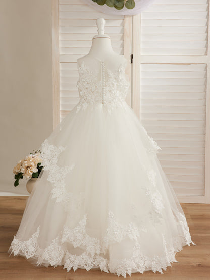 Princess Sleeveless Tulle Gown with Lace Appliques and Sweep Train for Girls