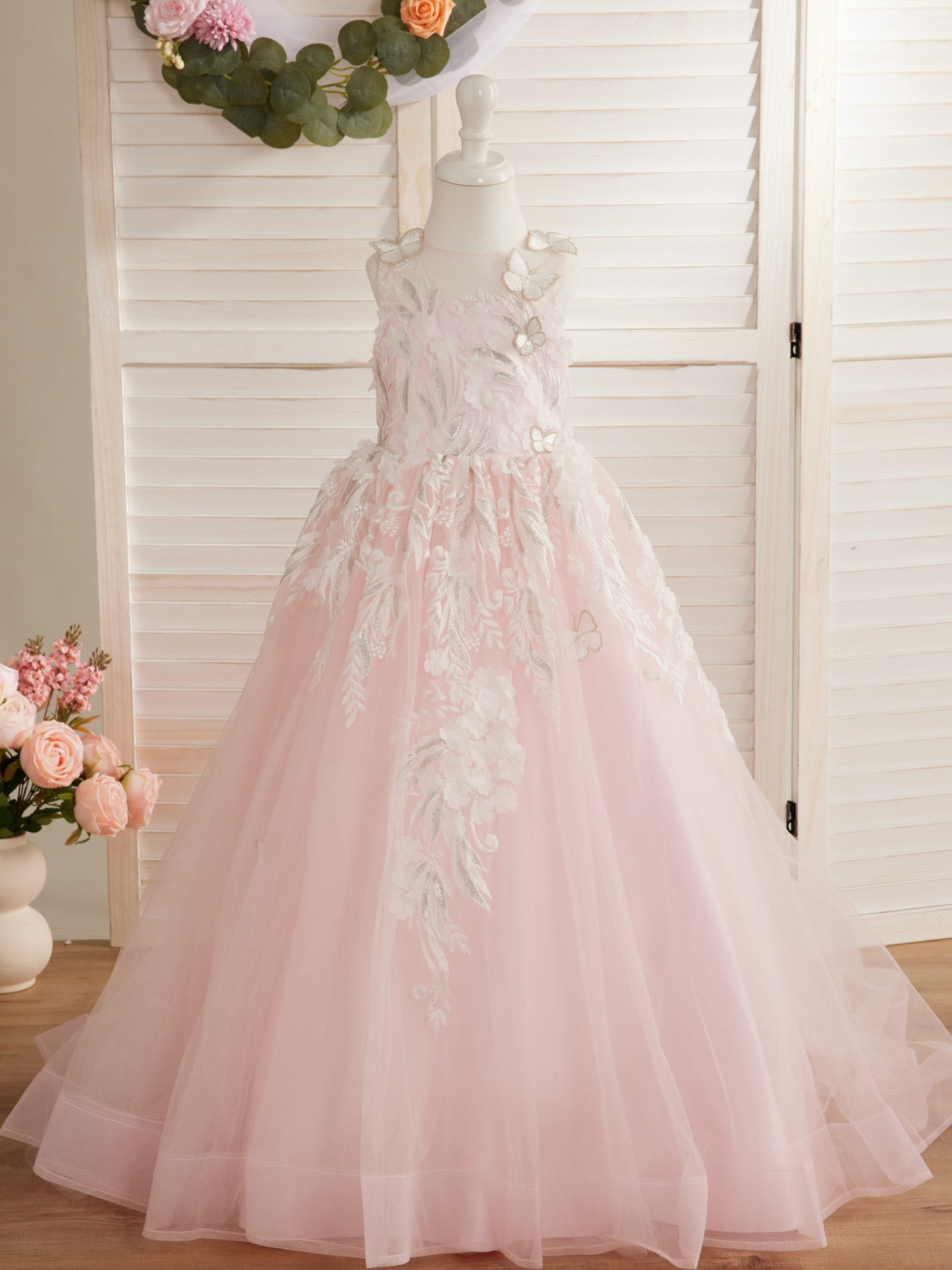 Pink Princess Ball Gown for Girls with Lace Appliqués