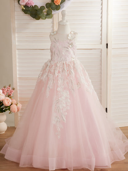 Pink Princess Ball Gown for Girls with Lace Appliqués