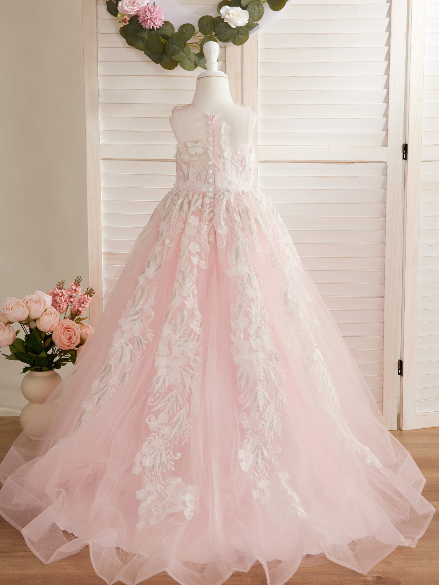 Pink Princess Ball Gown for Girls with Lace Appliqués