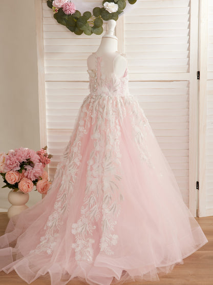 Pink Princess Ball Gown for Girls with Lace Appliqués