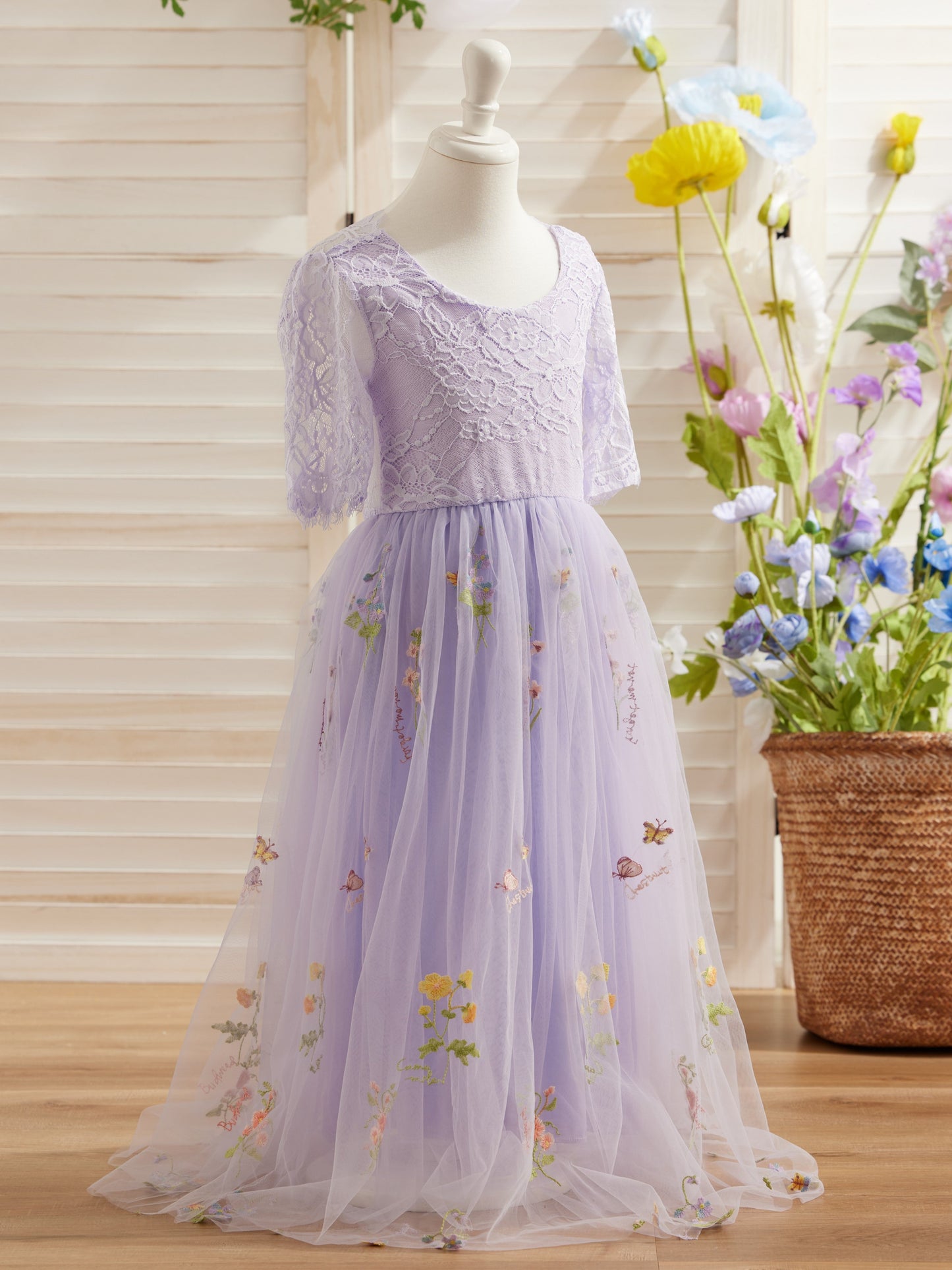 Sage Scoop Neck Cloth Surface and Tulle Flower Girl Dress (2003227581)