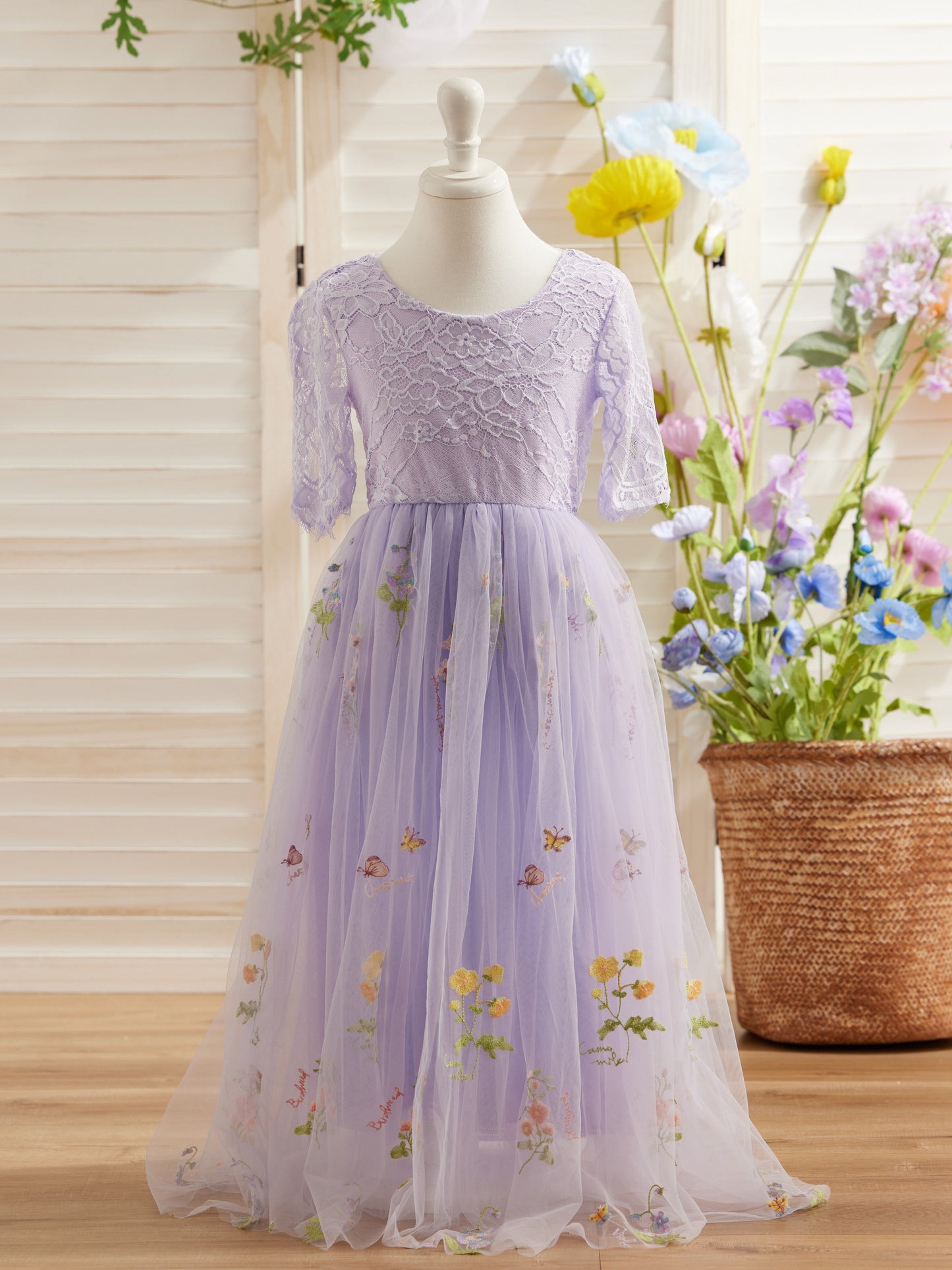 Sage Scoop Neck Cloth Surface and Tulle Flower Girl Dress (2003227581)