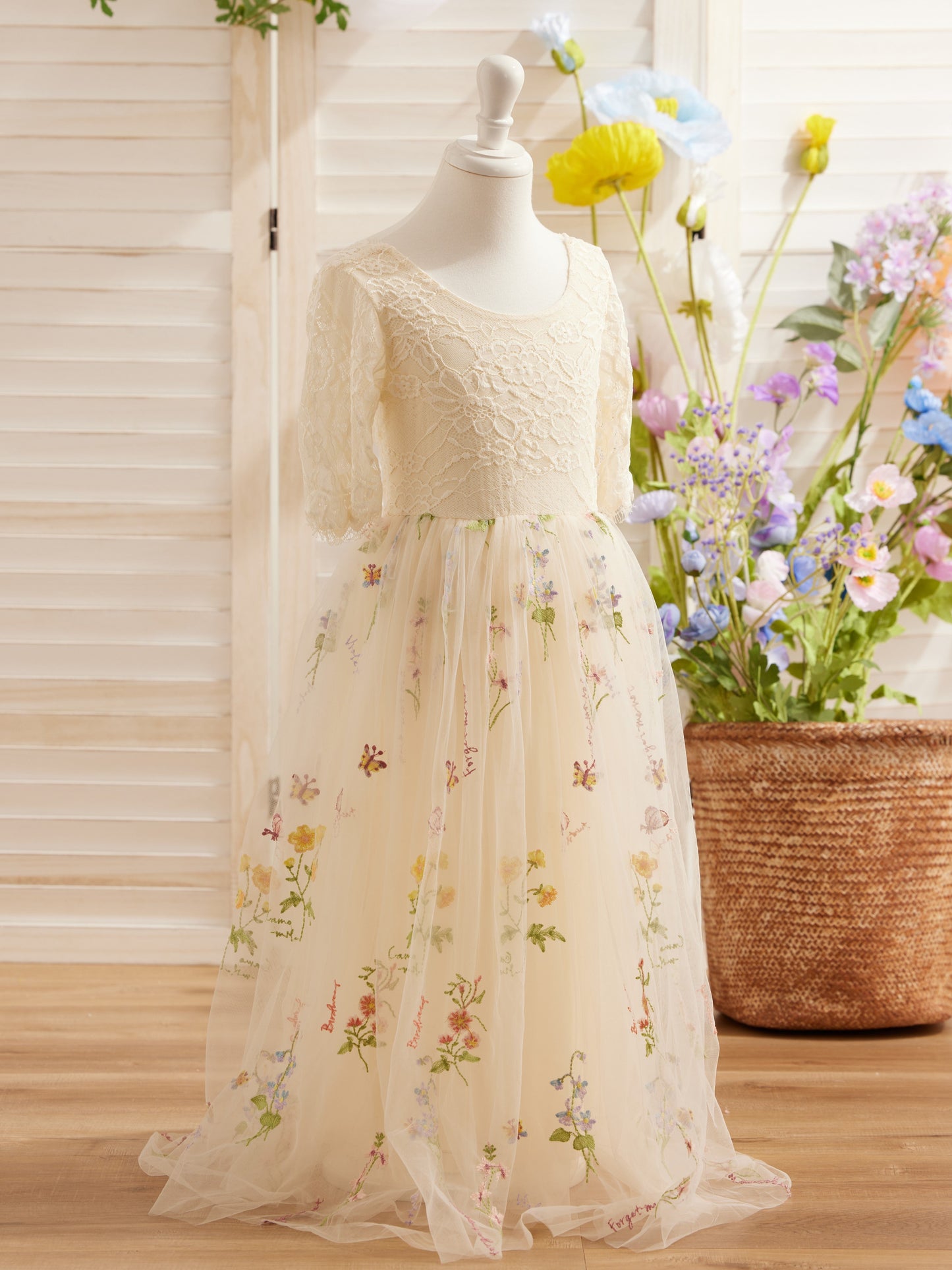 Sage Scoop Neck Cloth Surface and Tulle Flower Girl Dress (2003227581)