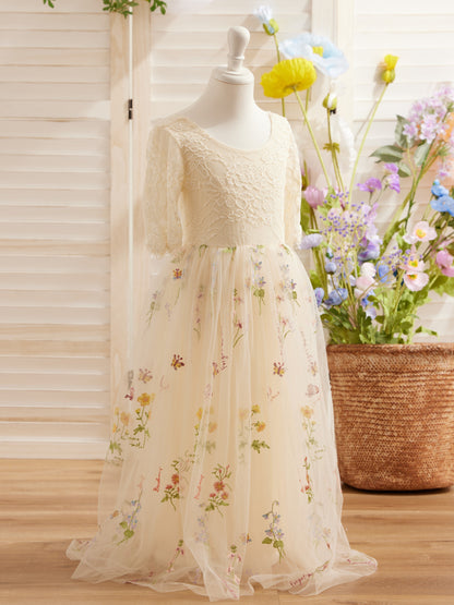 Sage Scoop Neck Cloth Surface and Tulle Flower Girl Dress (2003227581)