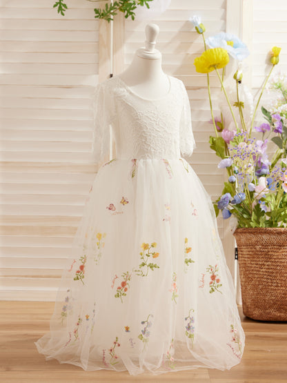 Sage Scoop Neck Cloth Surface and Tulle Flower Girl Dress (2003227581)