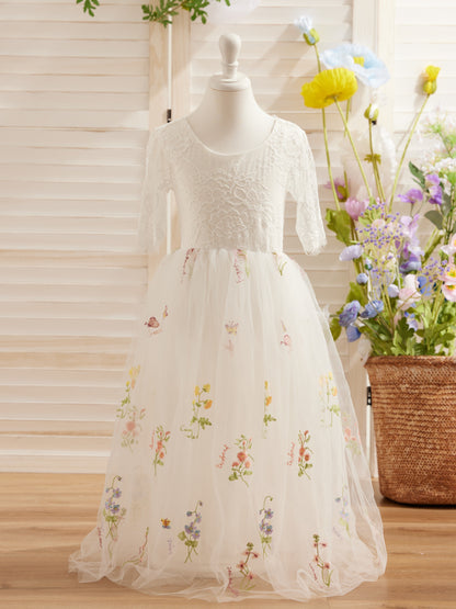 Sage Scoop Neck Cloth Surface and Tulle Flower Girl Dress (2003227581)