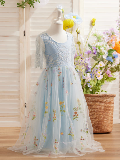 Sage Scoop Neck Cloth Surface and Tulle Flower Girl Dress (2003227581)