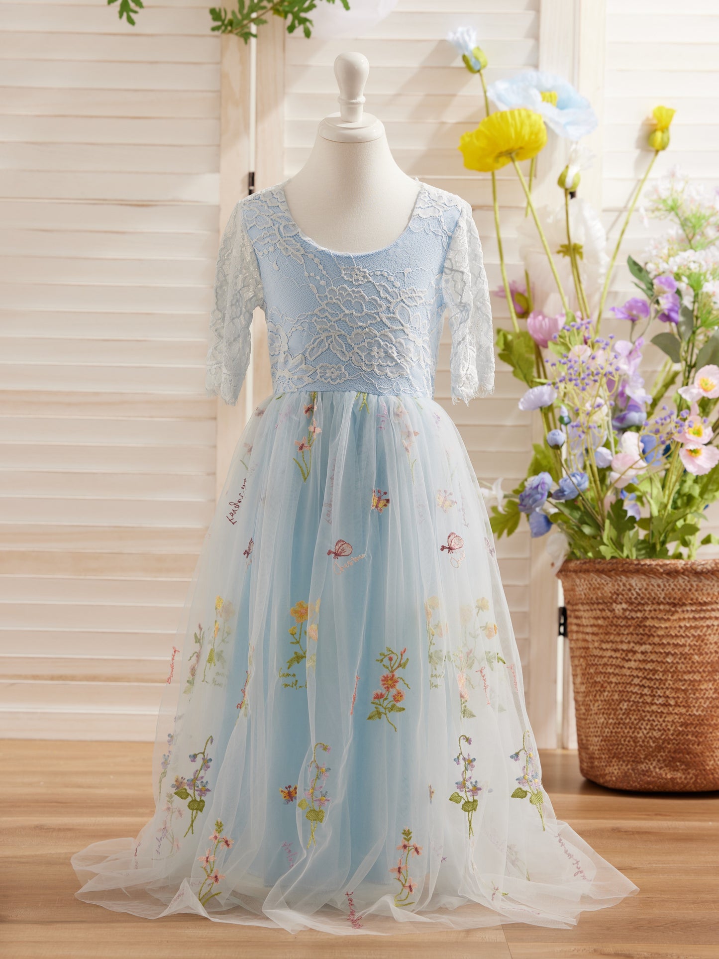 Sage Scoop Neck Cloth Surface and Tulle Flower Girl Dress (2003227581)