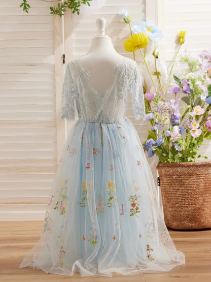 Sage Scoop Neck Cloth Surface and Tulle Flower Girl Dress (2003227581)