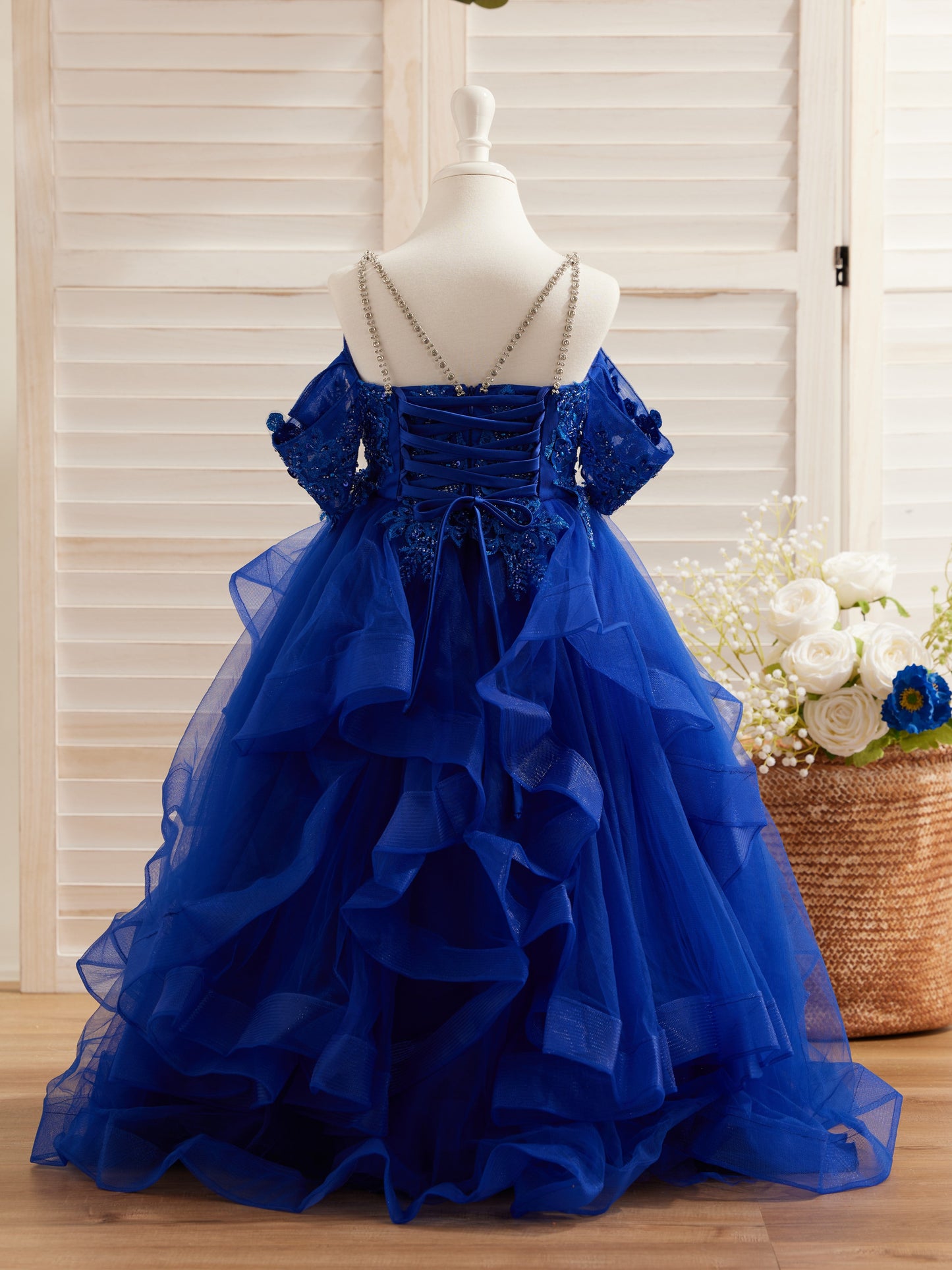 Tulle Princess Ball Gown with Floral Appliques and Beading for Girls