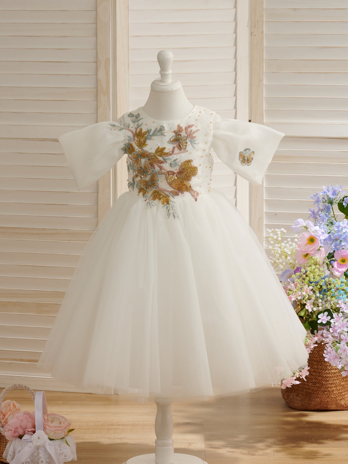 Tulle Organza Tea-length Flower Girl Dress