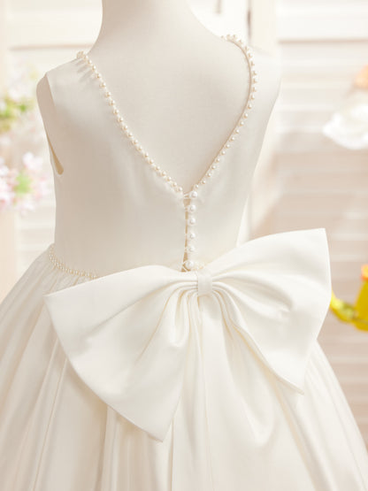 Pink Sleeveless Satin Beaded Neckline and Bow Detail Dress