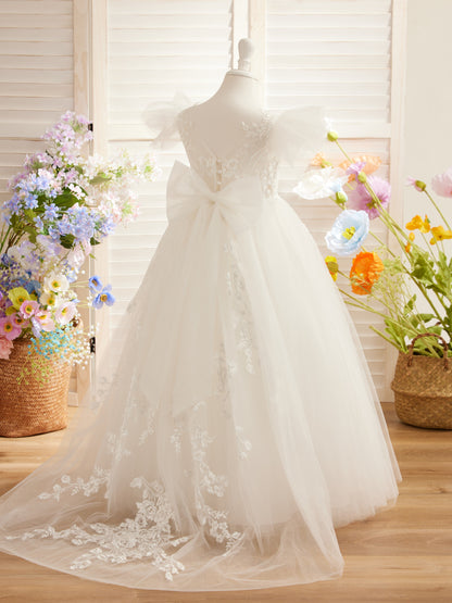 Detachable  Lace Tulle Sweep Train Flower Girl Dress