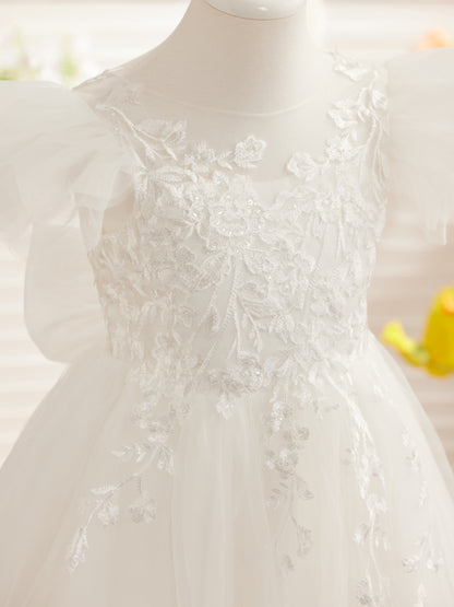 Detachable  Lace Tulle Sweep Train Flower Girl Dress