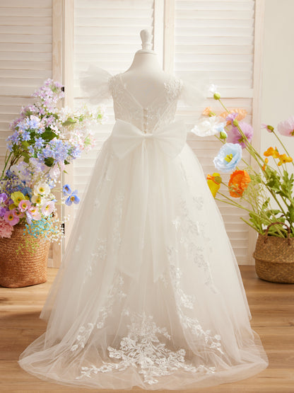 Detachable  Lace Tulle Sweep Train Flower Girl Dress