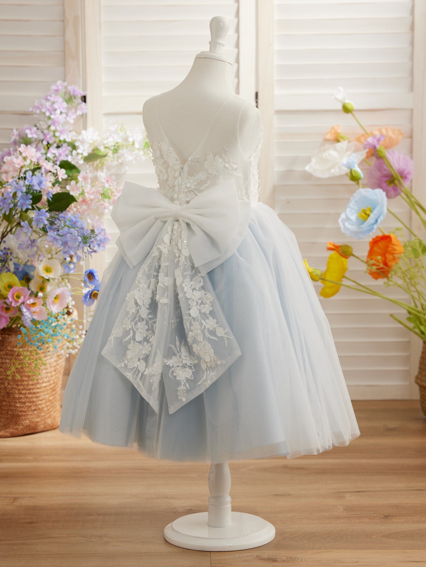 Floral Lace and Large Bow Tea-length Dress