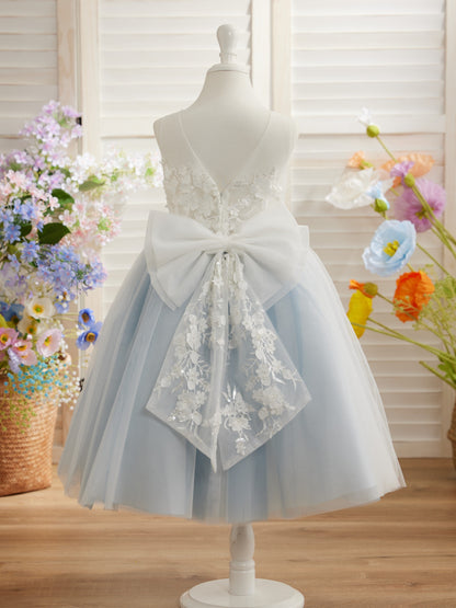 Floral Lace and Large Bow Tea-length Dress