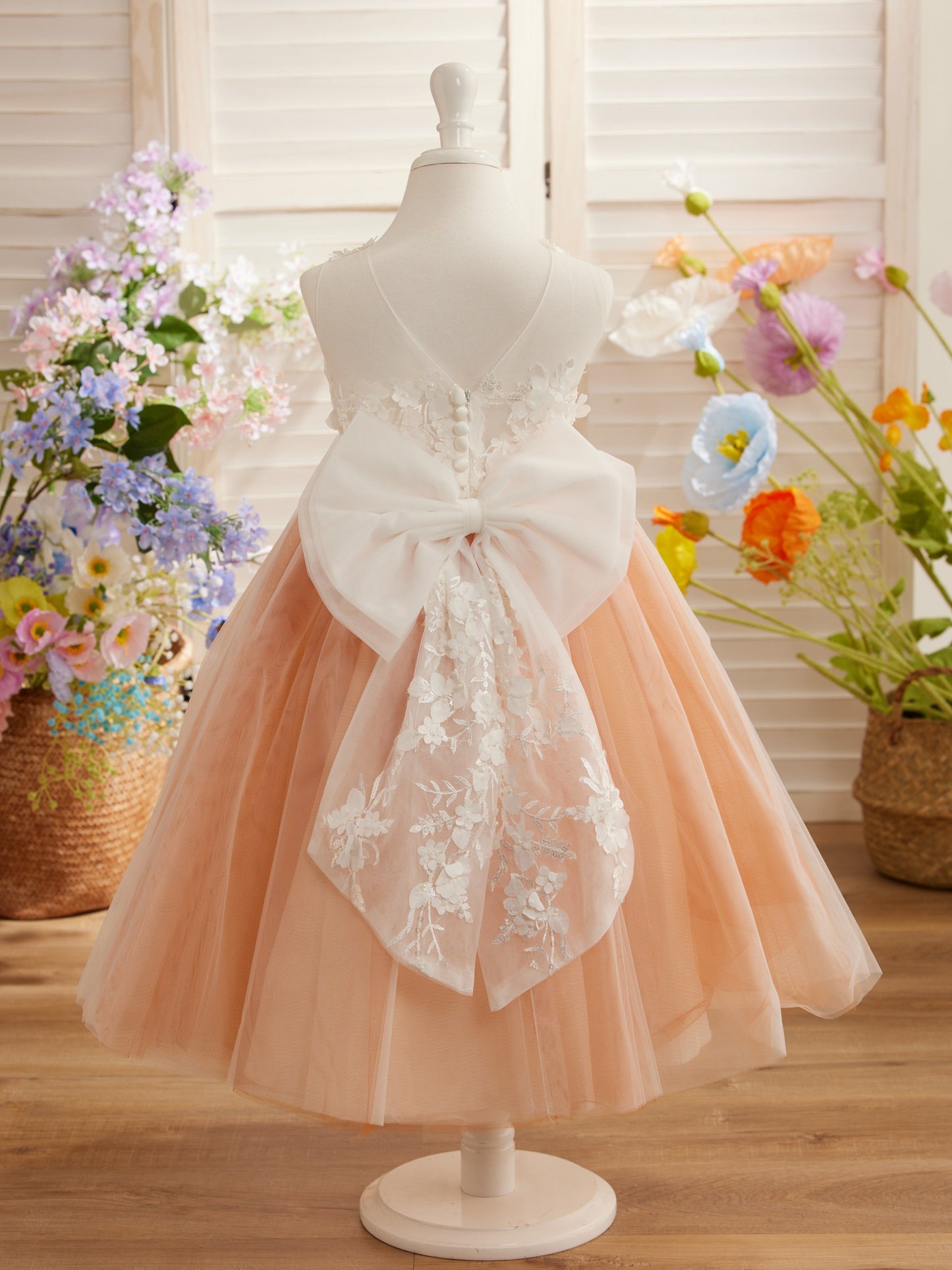 Floral Lace and Large Bow Tea-length Dress