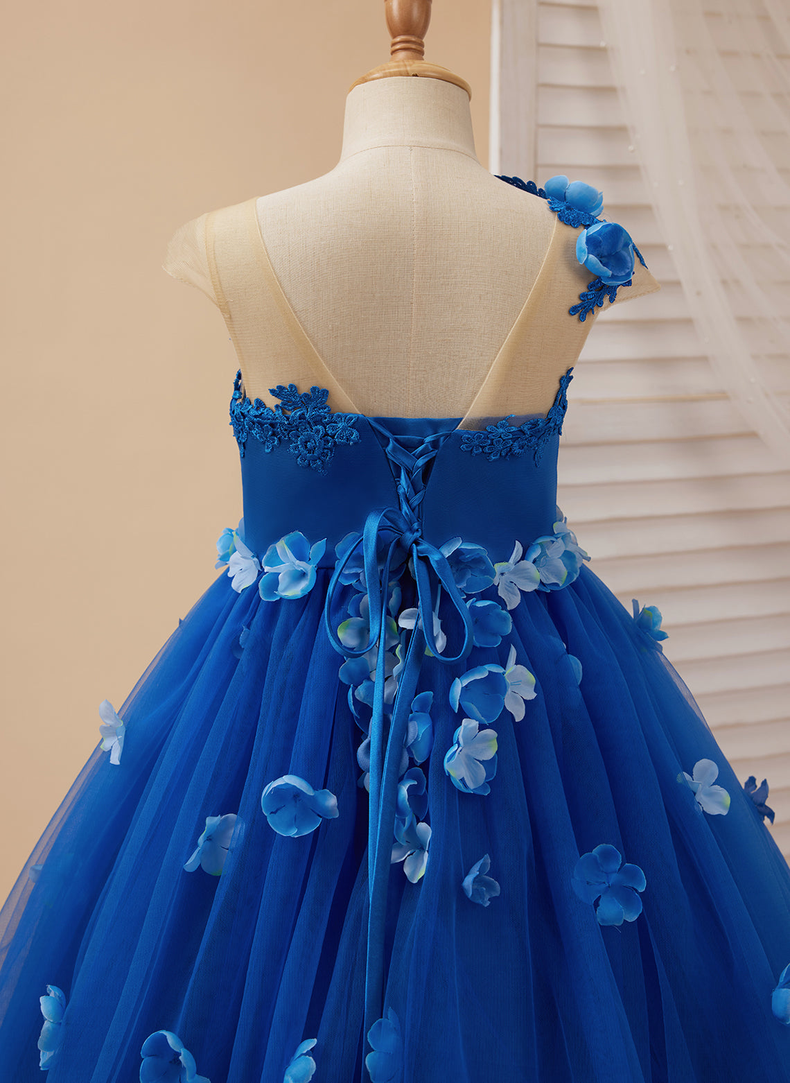 Princess Ball Gown Flower Girl Dress with Appliques and Bow Royal Blue