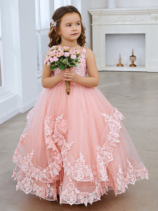 Princess Sleeveless Tulle Gown with Lace Appliques and Sweep Train for Girls