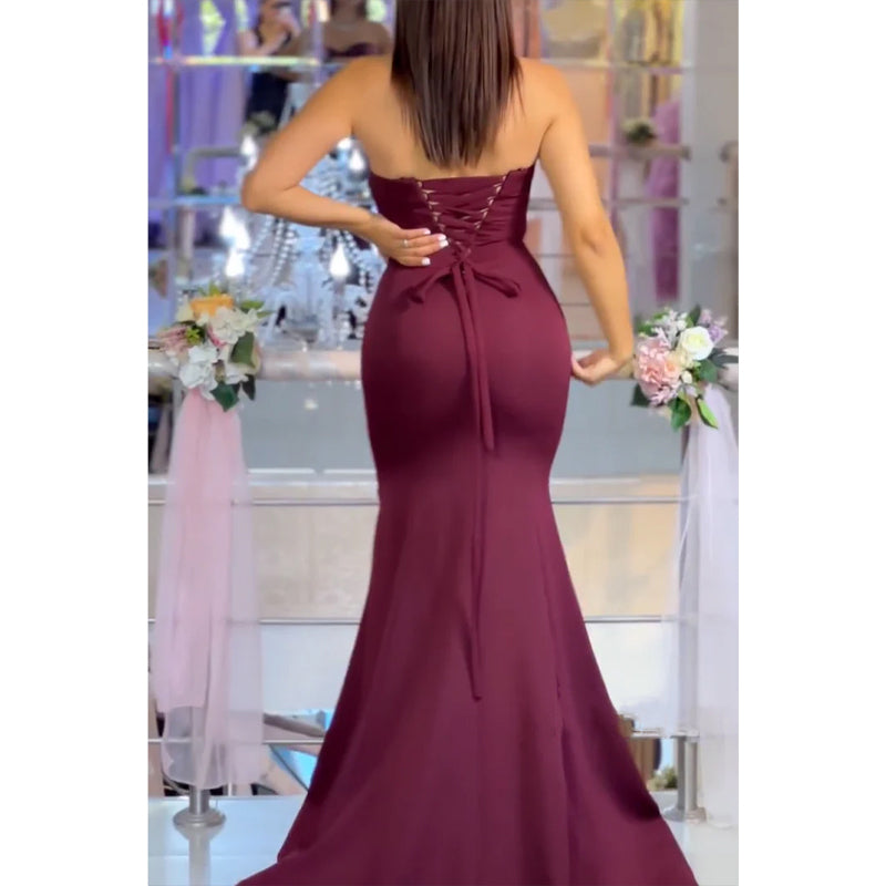 Elegant Mermaid Strapless Burgundy Long Prom Dress Evening Gowns