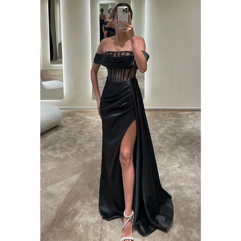 sexy &amp; heißes schulterfreies langes Ballkleid aus Satin mit Illusionsfalten und Schlitz 