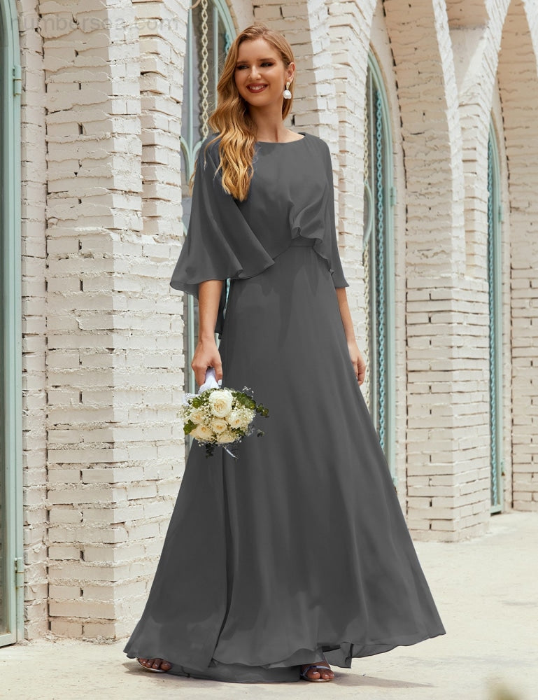 Numbersea Bridesmaid Dress Women Long Sleeve V-Neck Chiffon Formal Wedding Party 28018