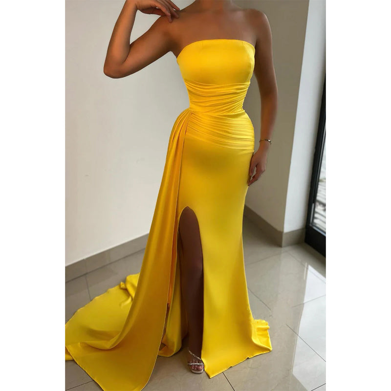 Strapless Pleats Side Slit Yellow Long Prom Formal Gowns