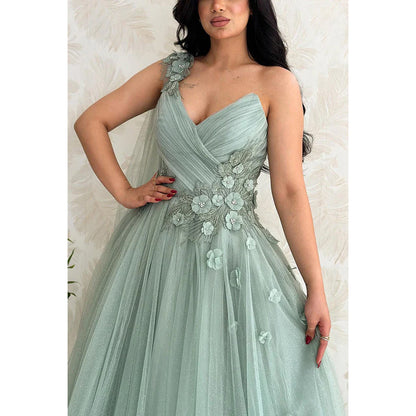 V-Neck One Shoulder Appliqued Ruched Tulle A-Line Long Evening Dress