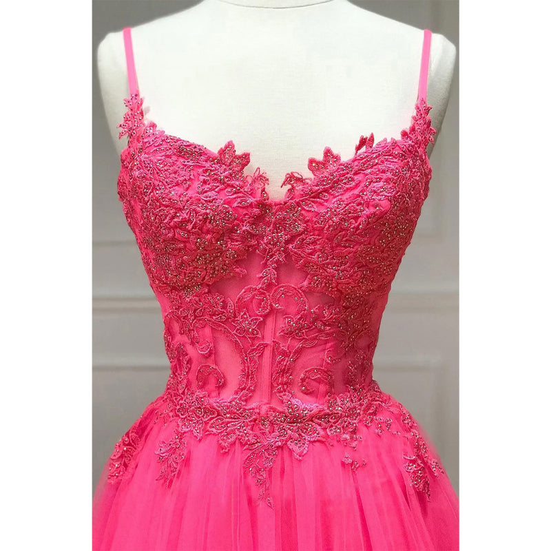 Spaghetti Straps Lace Appliques A-line Long Prom Dress