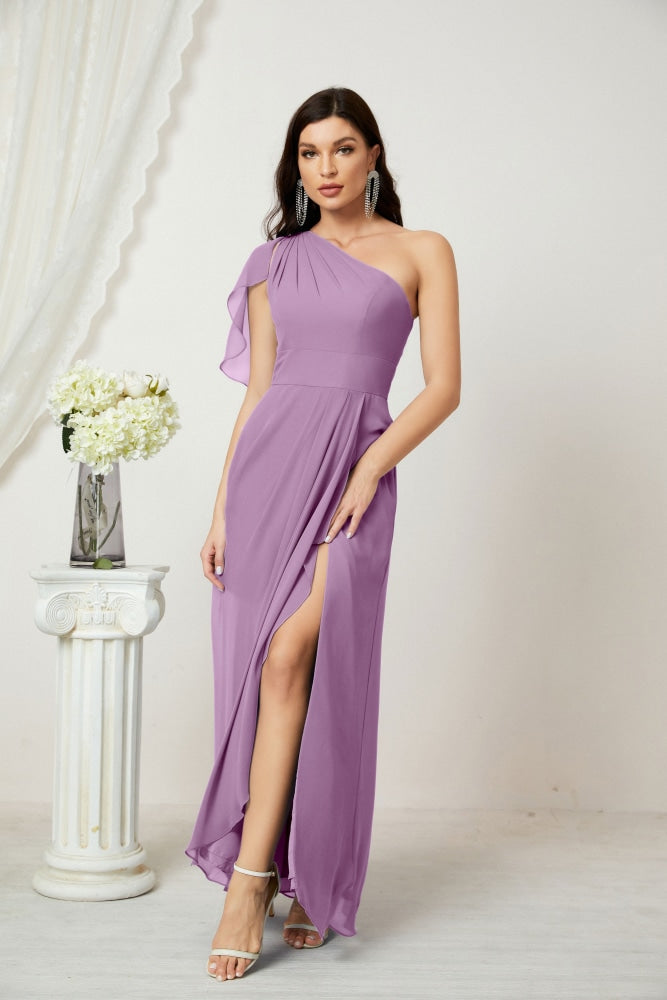 Numbersea Chiffon Ruffled One Shoulder Long Bridesmaid Dresses A-line Formal Evening Gown Side Split 2809-numbersea